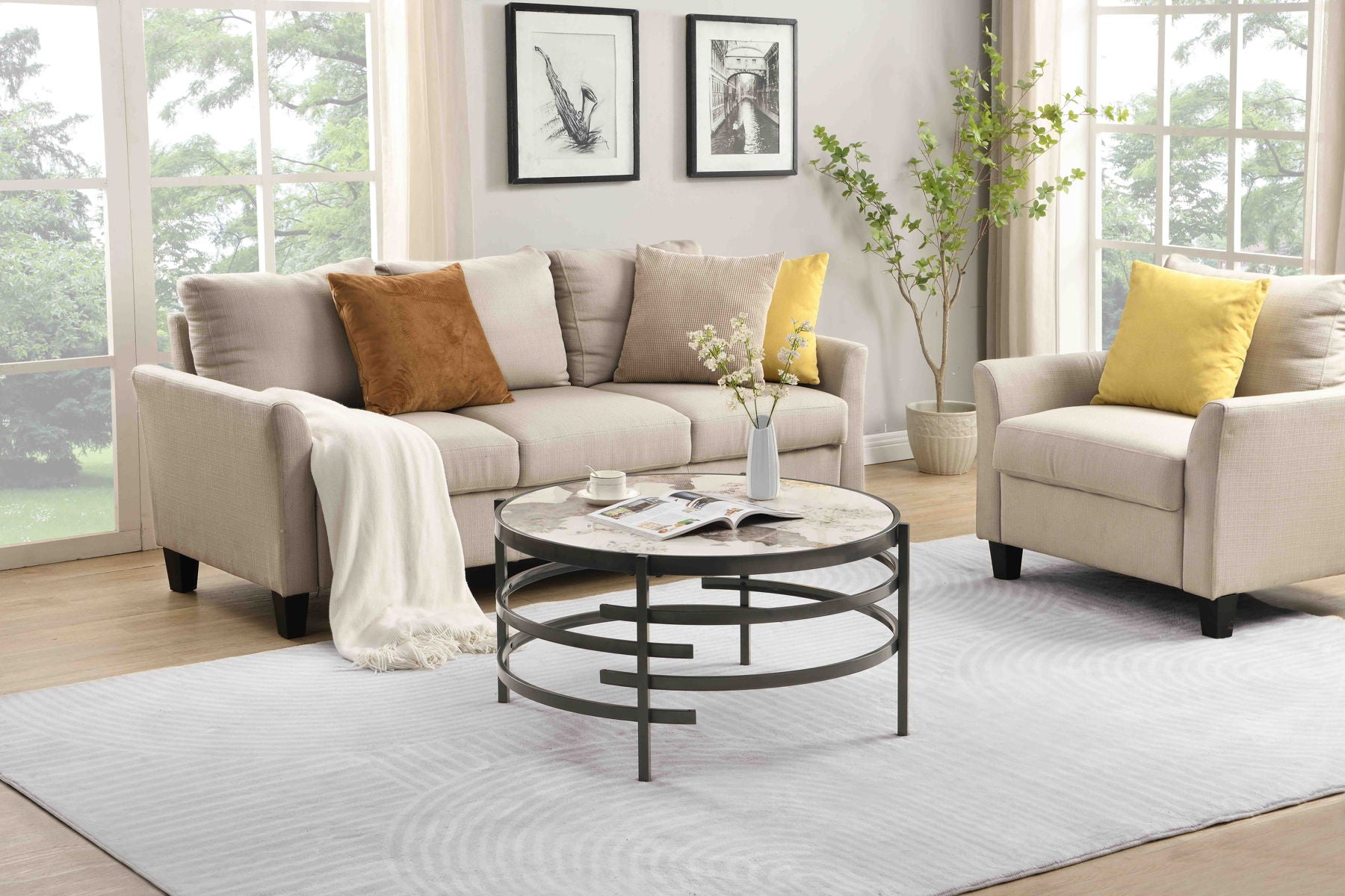 Round Coffee Table With Sintered Stone Top&Sturdy Metal Frame, Modern Coffee Table For Living Room, Darker Gray