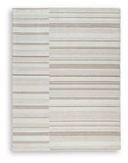 Beige and tan striped rug with horizontal lines, off-white base