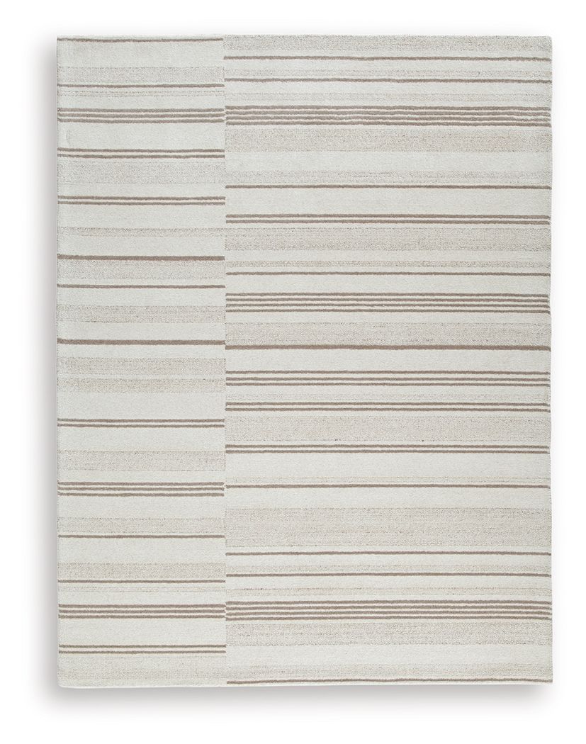 Beige and tan striped rug with horizontal lines, off-white base