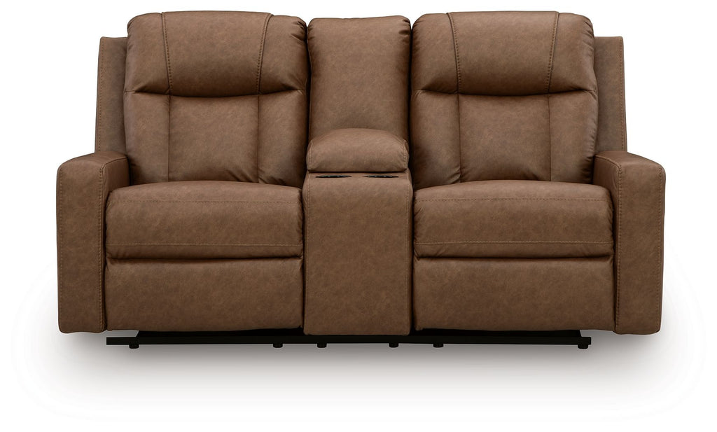 Light brown double reclining loveseat with center console and tufted back cushions