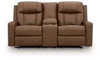 Light brown double reclining loveseat with center console and tufted back cushions