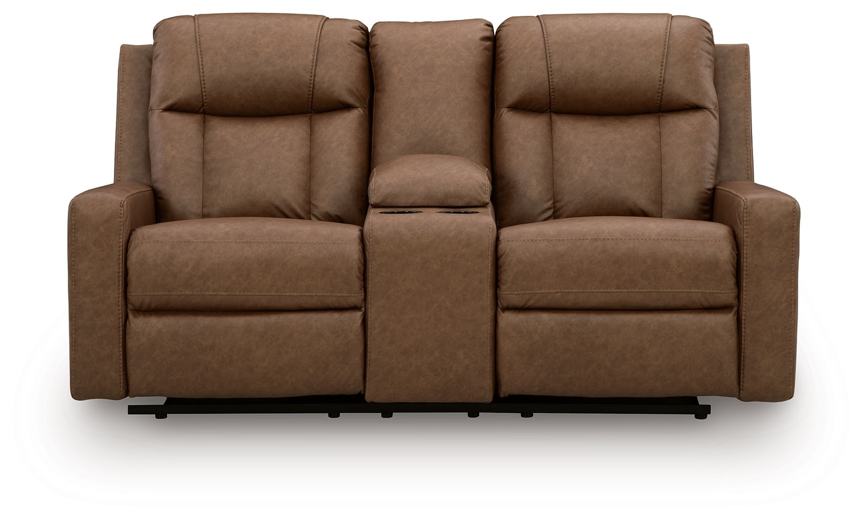 Light brown double reclining loveseat with center console and tufted back cushions
