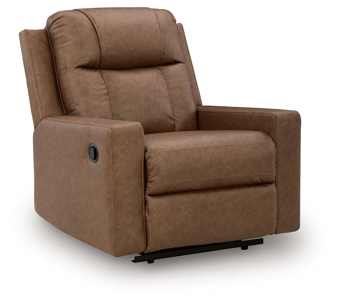 Caramel zero-wall recliner with padded arms, rounded backrest, and oval arm detail