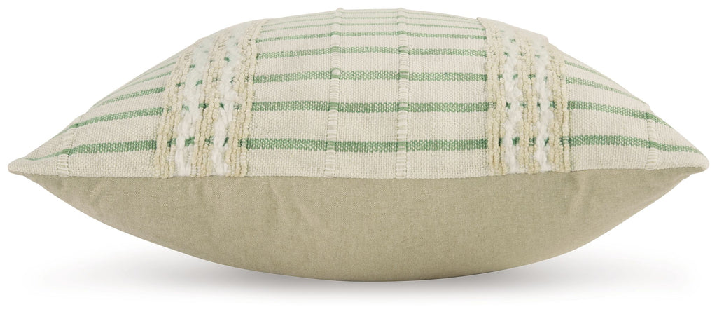 Beige and green striped throw pillow with piped edge and embroidered trim