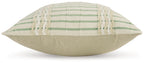 Beige and green striped throw pillow with piped edge and embroidered trim