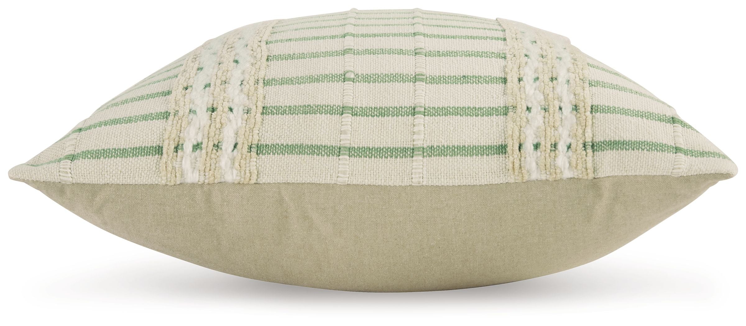Beige and green striped throw pillow with piped edge and embroidered trim