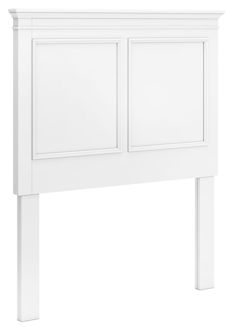 White panel headboard with two inset rectangular panels and turned legs