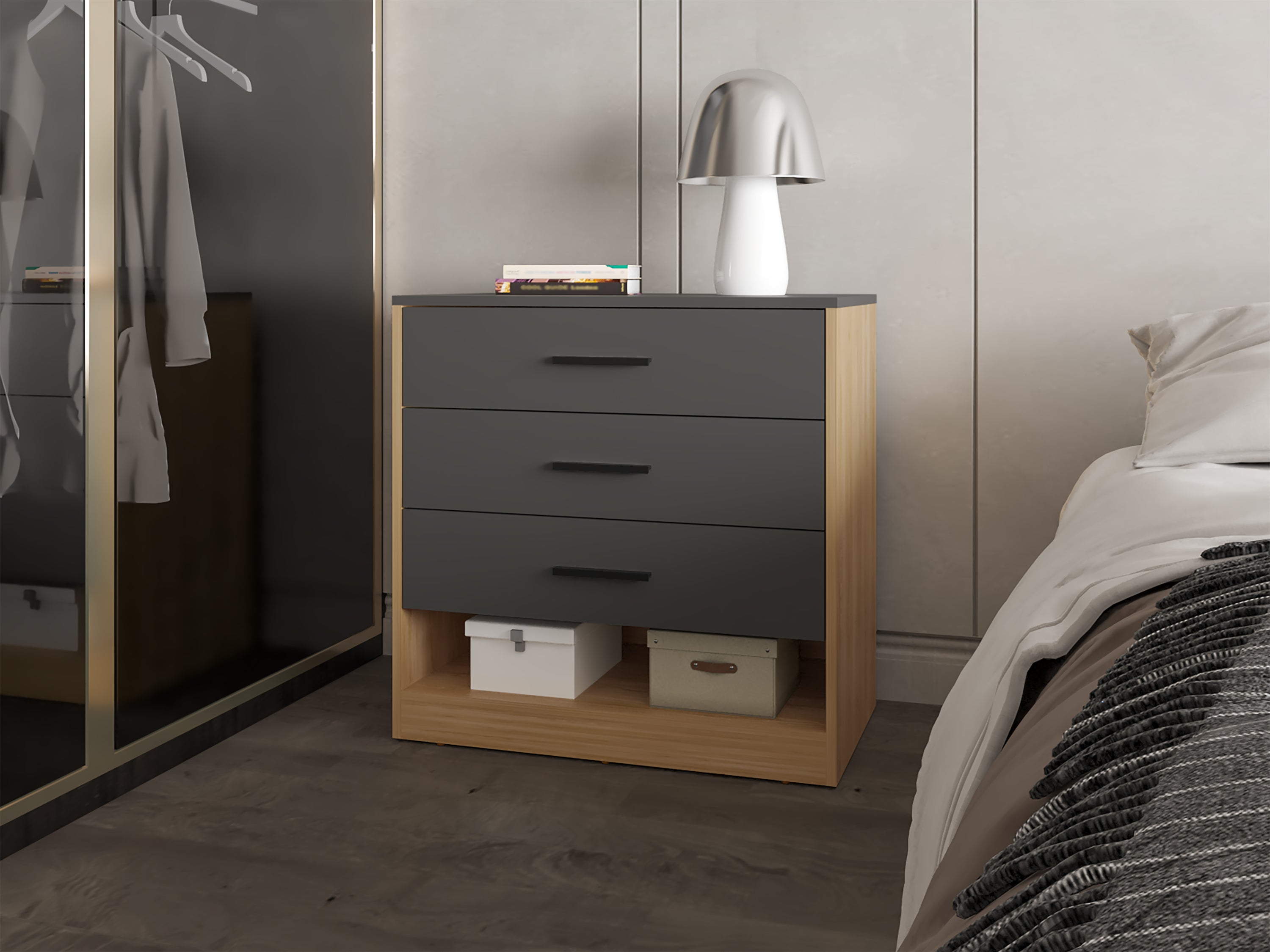 Lowrys Dresser: 3 Drawers, Open Shelf, Natural Oak & Matt Grey