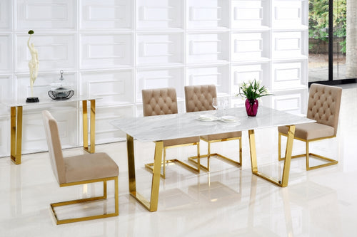 5-piece velvet dining table set with beige upholstered chairs and gold metal legs