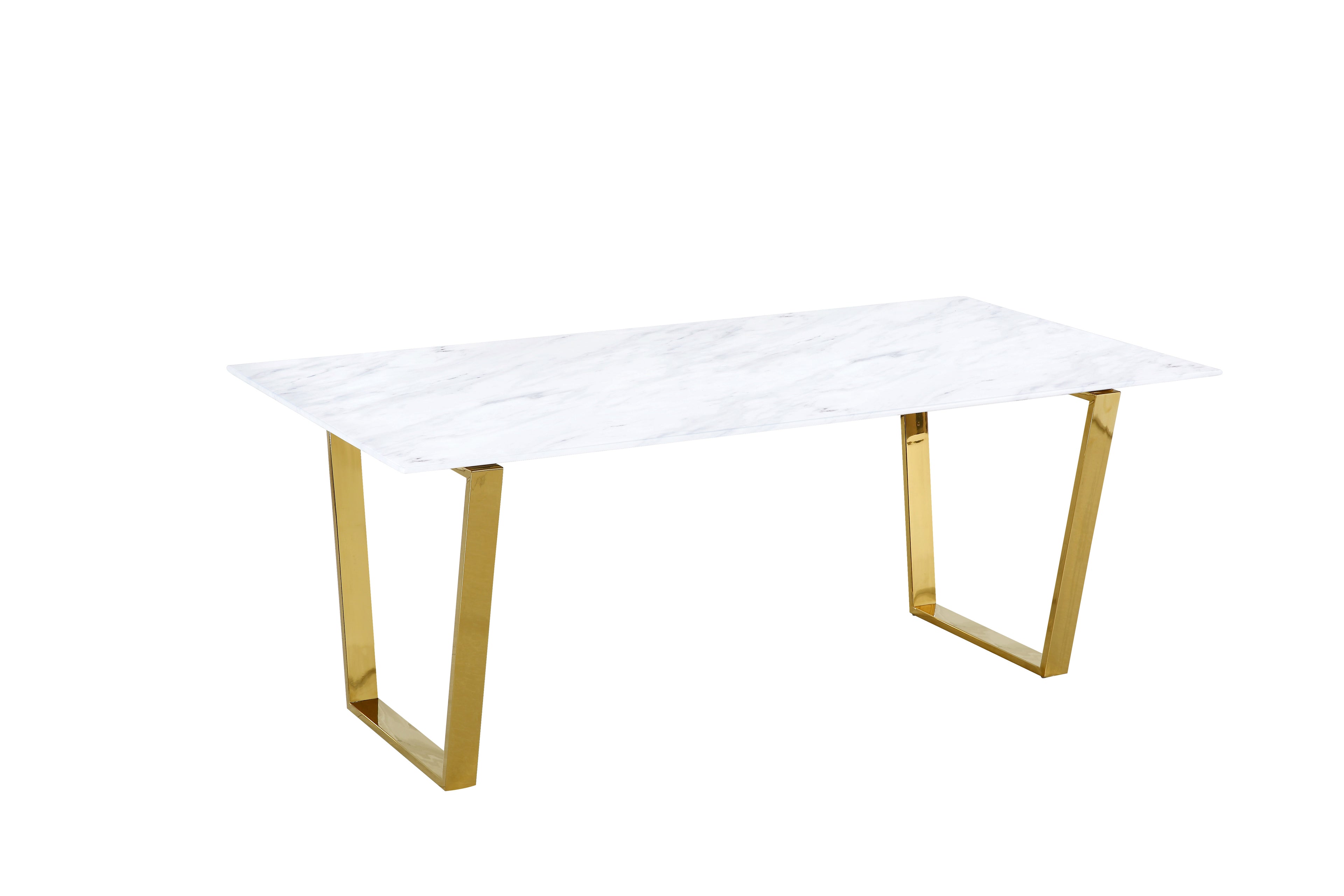Marble-look dining table with white top and gold metal trestle legs