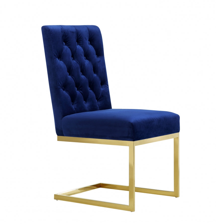 Navy velvet dining chair with tufted back and gold metal base