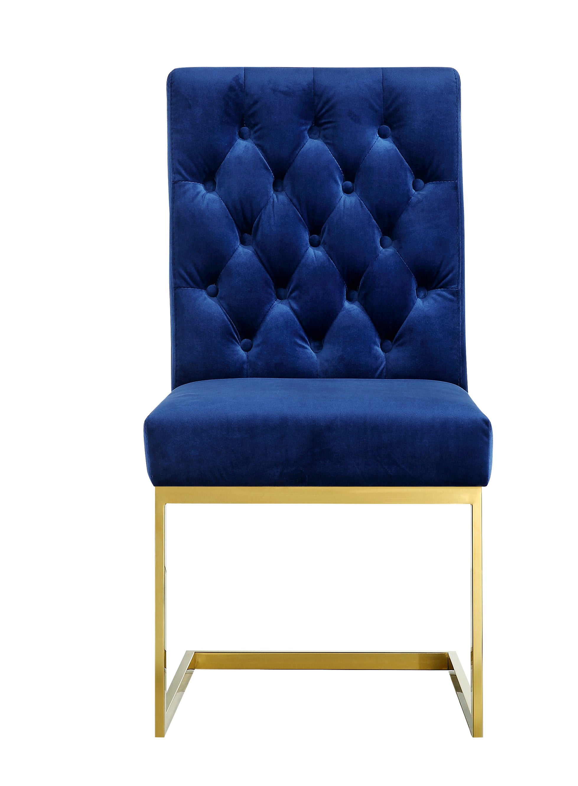 Navy velvet tufted dining chair with high back and gold metal base