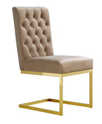 Beige velvet tufted dining chair with high back and gold metal base