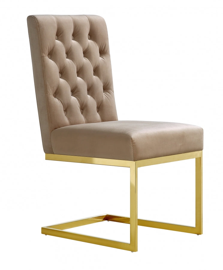 Beige velvet tufted dining chair with high back and gold metal base