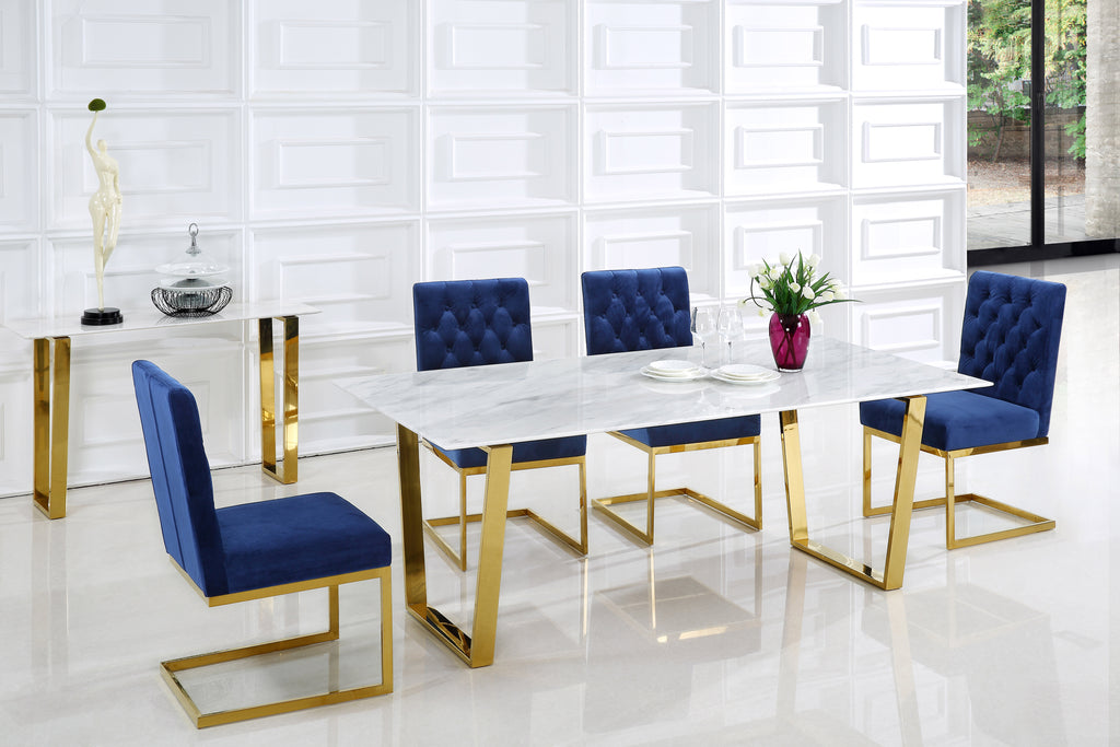 5-piece velvet dining table set with navy upholstered chairs and gold metal legs