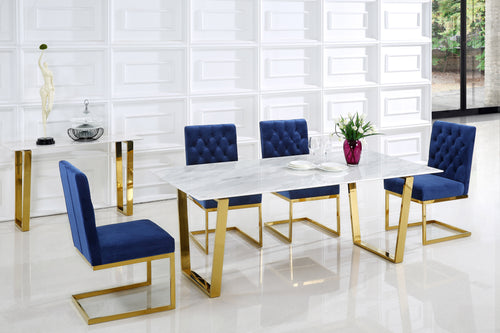 5-piece velvet dining table set with navy upholstered chairs and gold metal legs