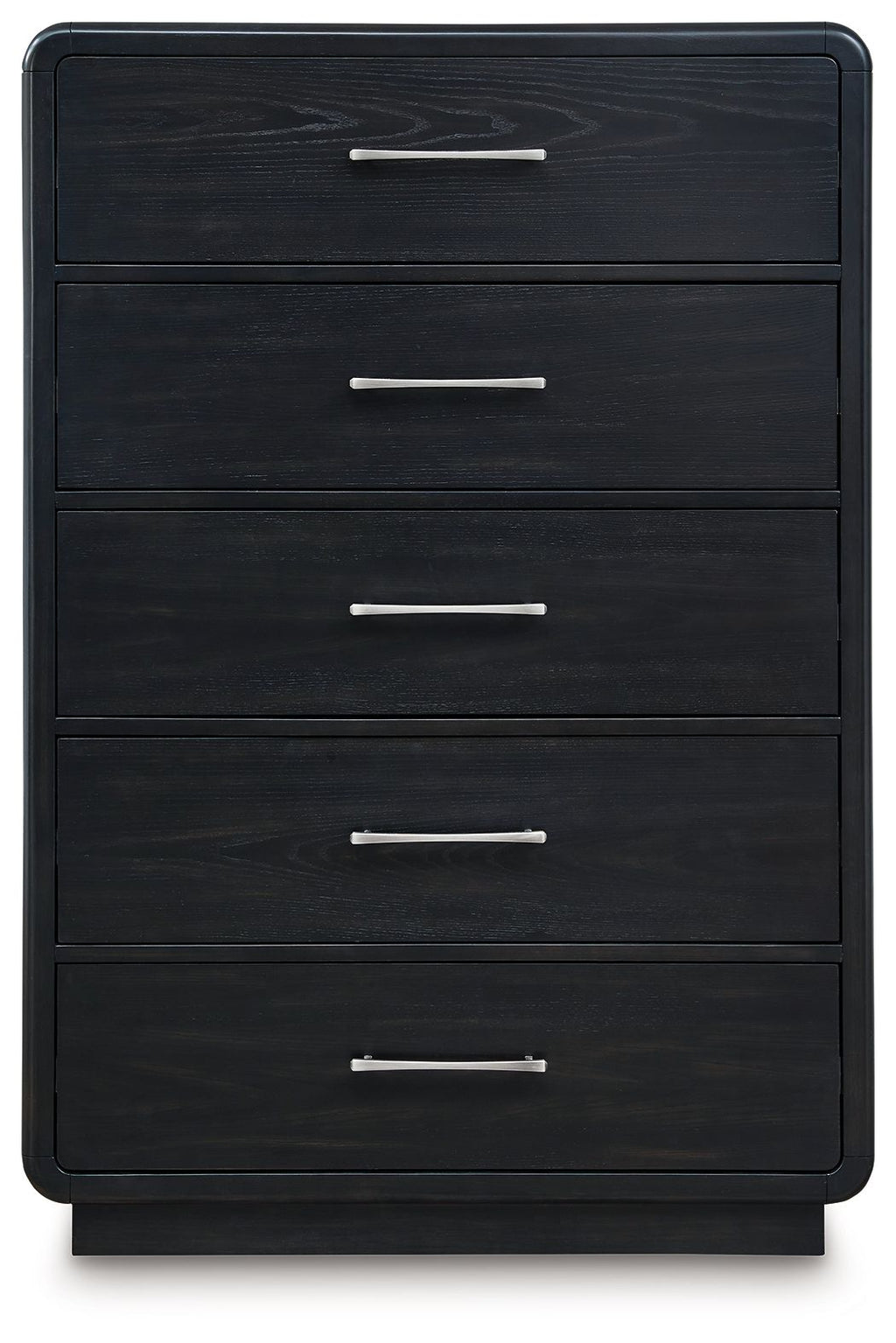 Front view of black five-drawer chest with metal bar handles.
