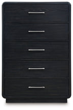 Front view of black five-drawer chest with metal bar handles.