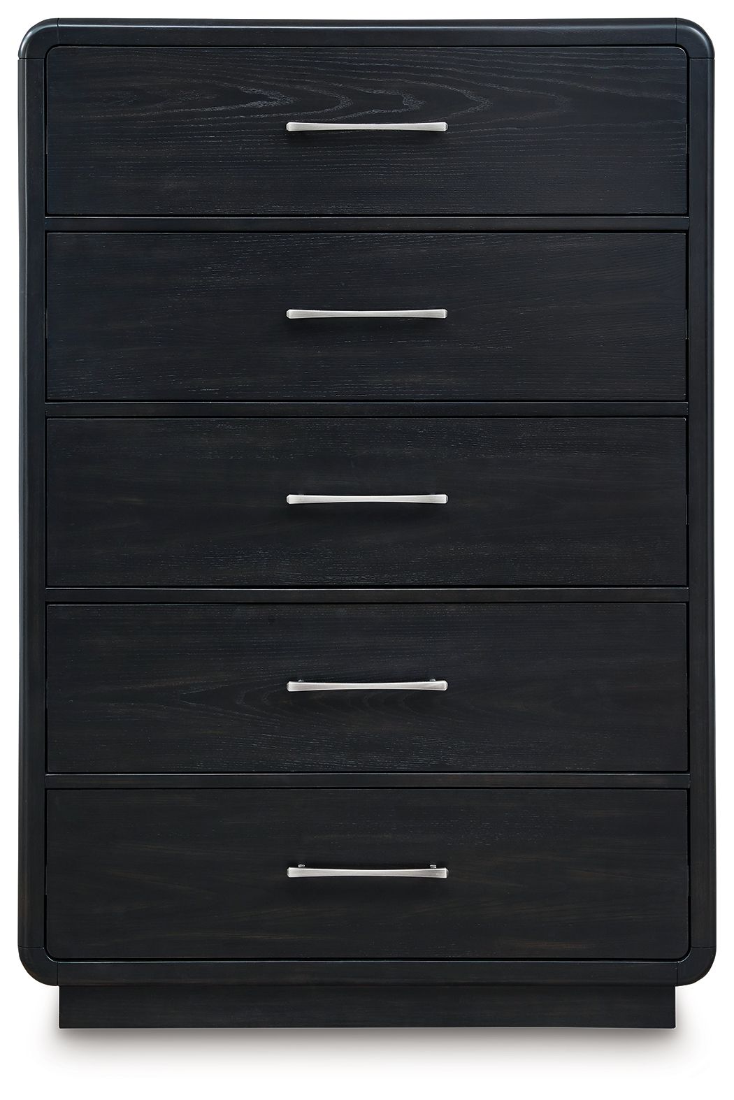 Front view of black five-drawer chest with metal bar handles.