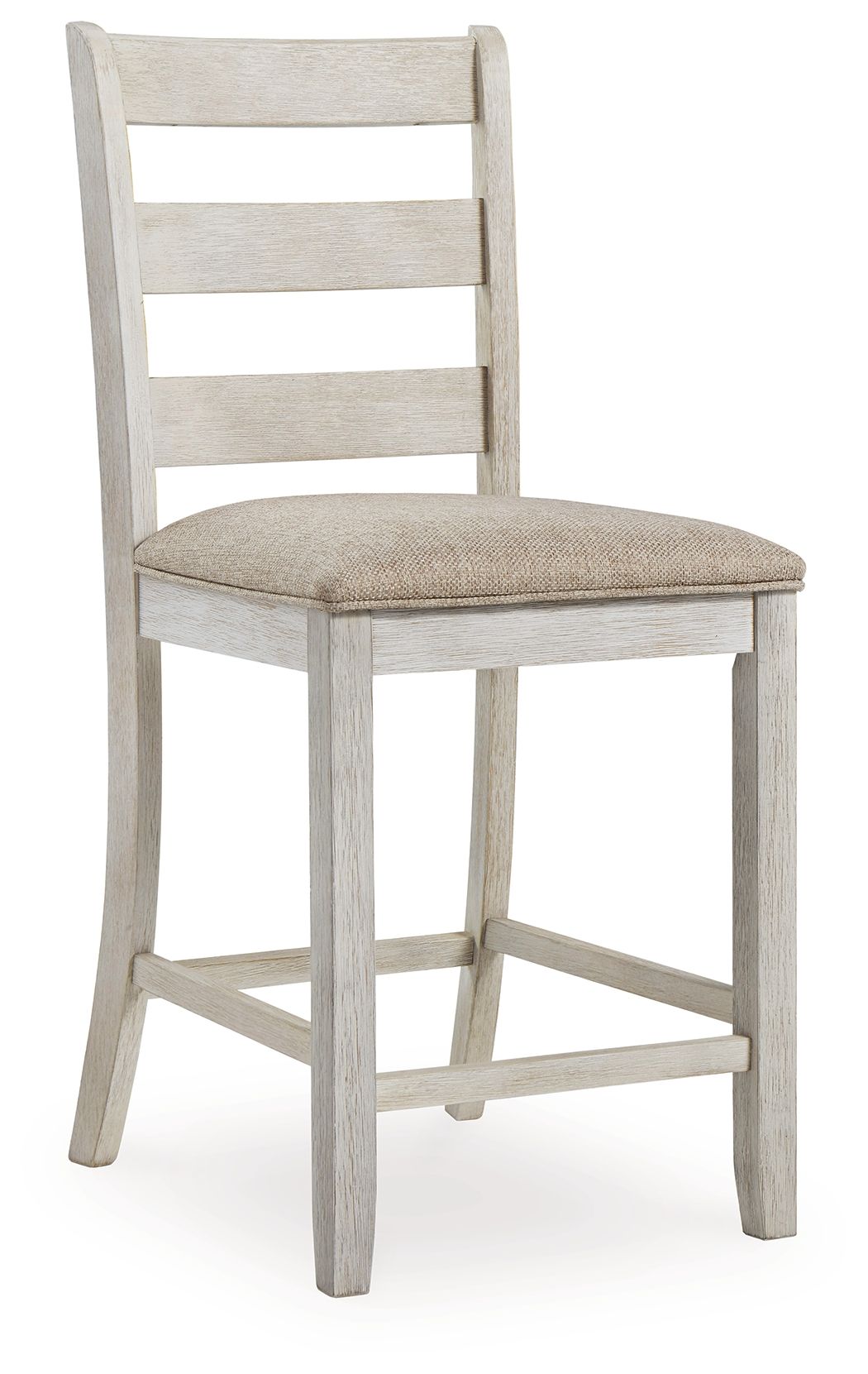White barstool with slatted backrest and upholstered padded seat