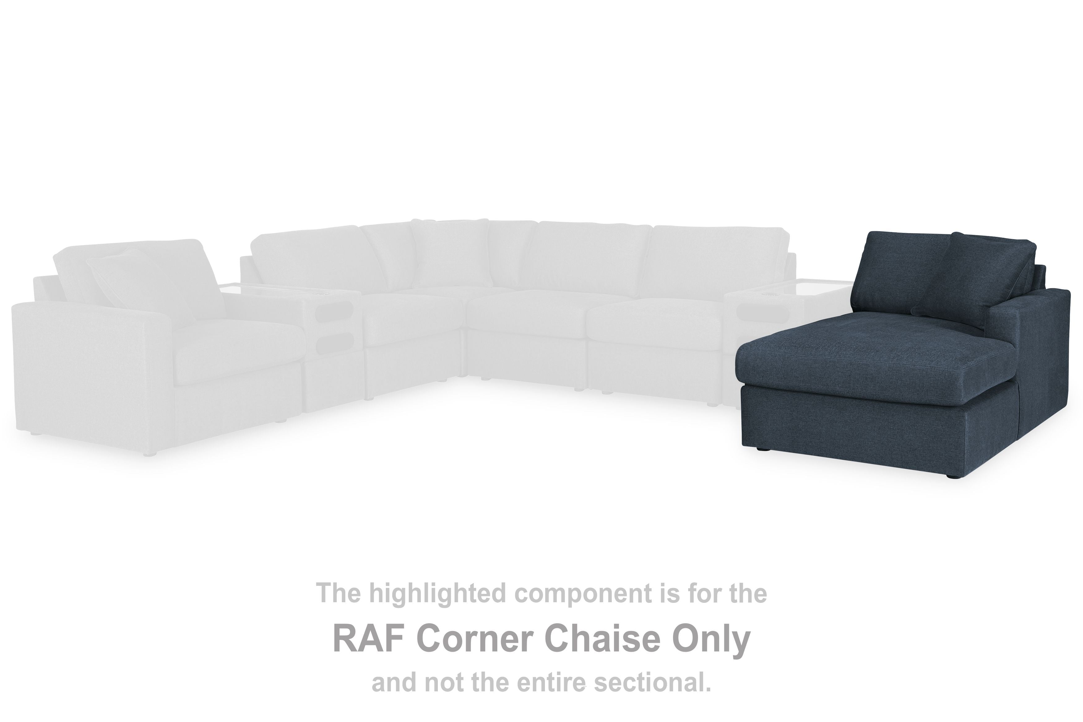 Dark blue fabric corner chaise section with deep seat cushion and back pillow
