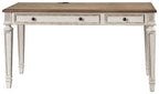 Light brown home office desk with two drawers and carved white legs