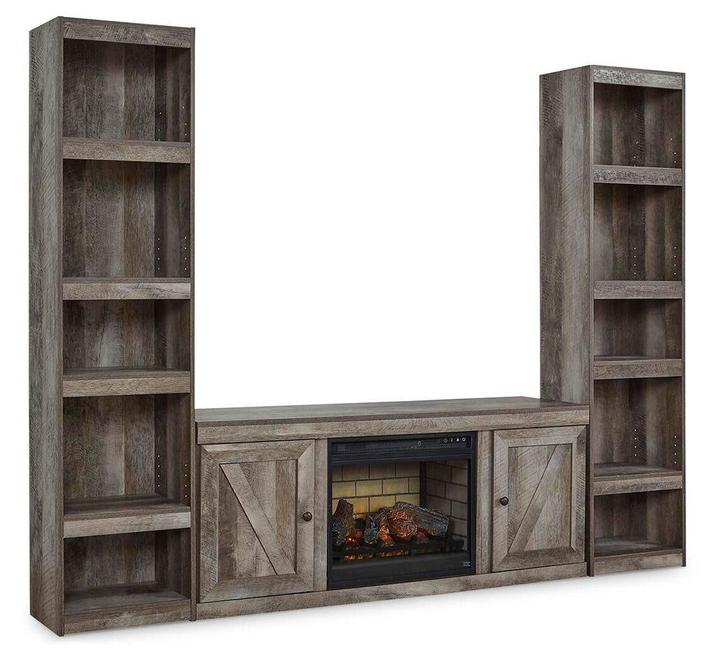Gray three-piece entertainment center with open shelves and built-in electric fireplace