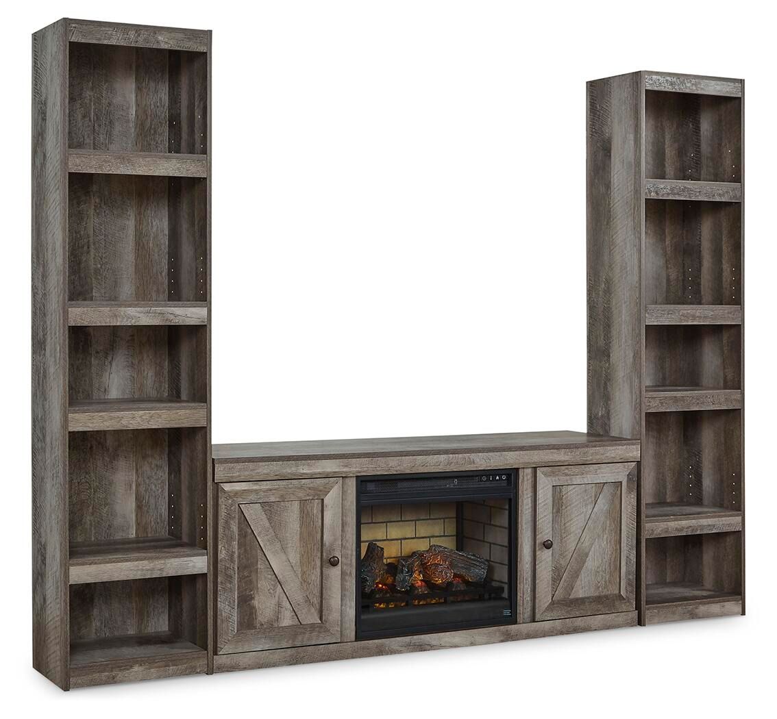 Gray three-piece entertainment center with open shelves and built-in electric fireplace