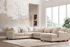Light beige sectional sofa with chaise and patterned throw pillows