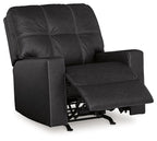 Black rocker recliner with open leg base, tufted back, and padded armrests
