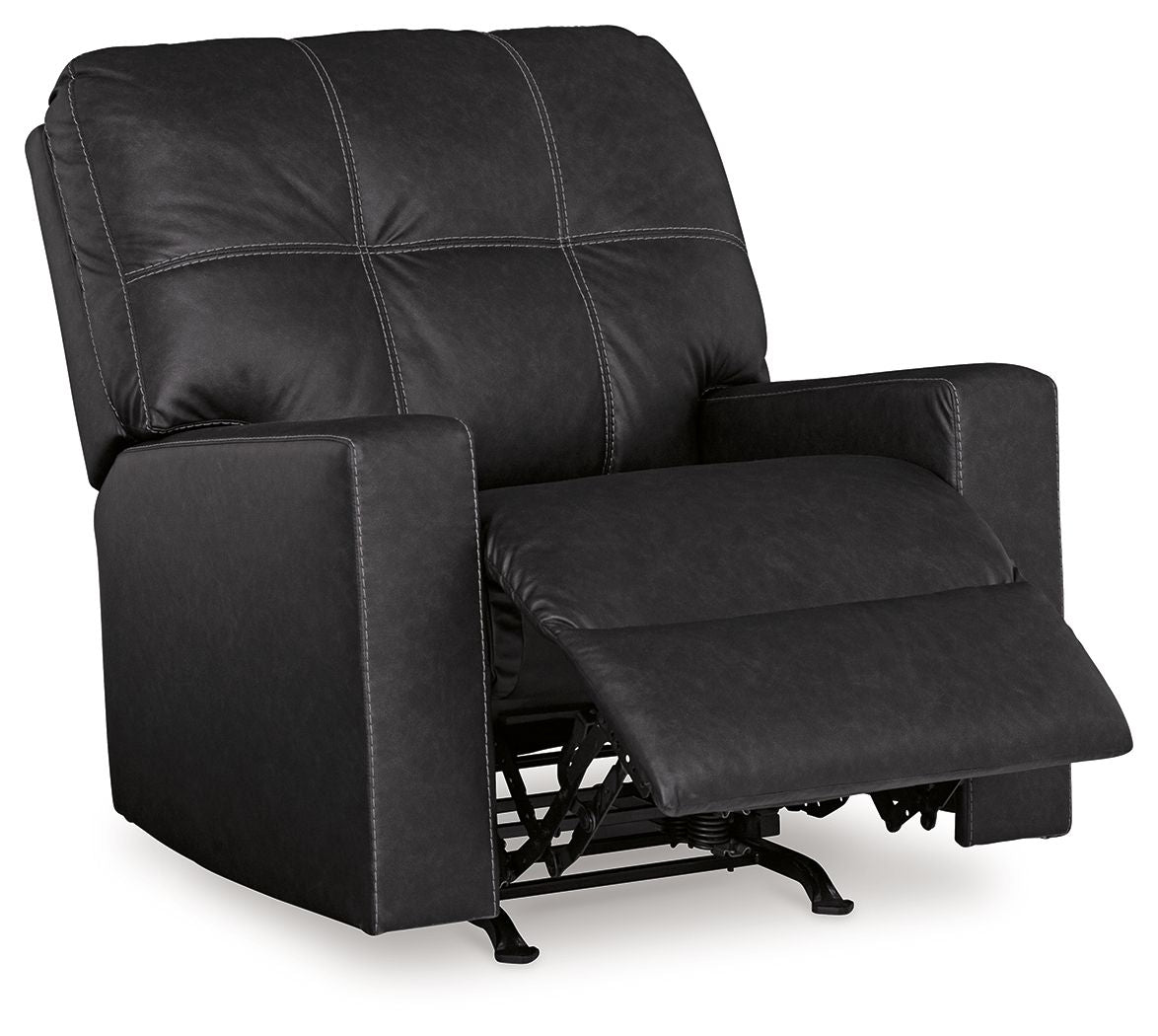 Black rocker recliner with open leg base, tufted back, and padded armrests
