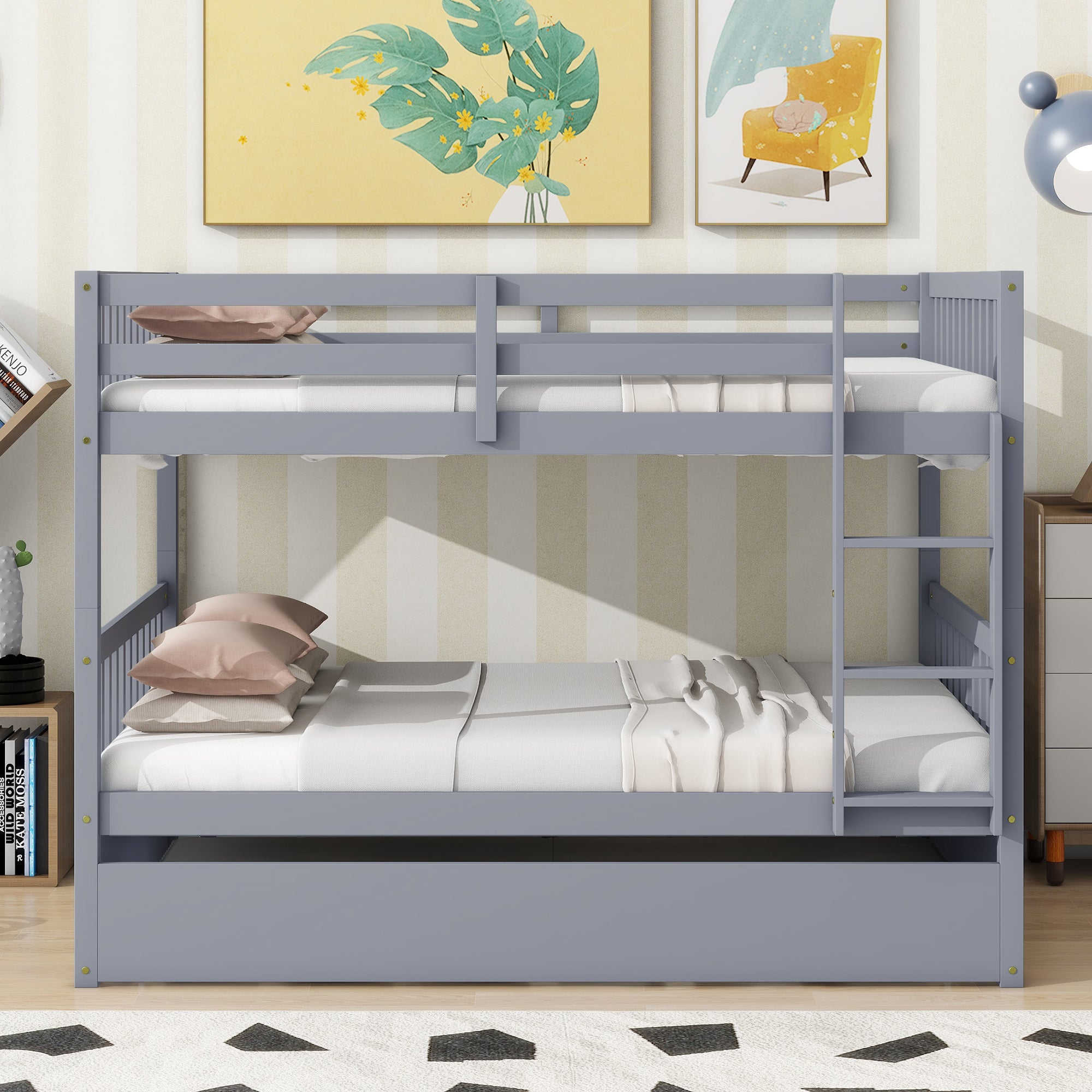 Full Over Full Bunk Bed with Trundle, Converts to 2 Full Beds, Grey