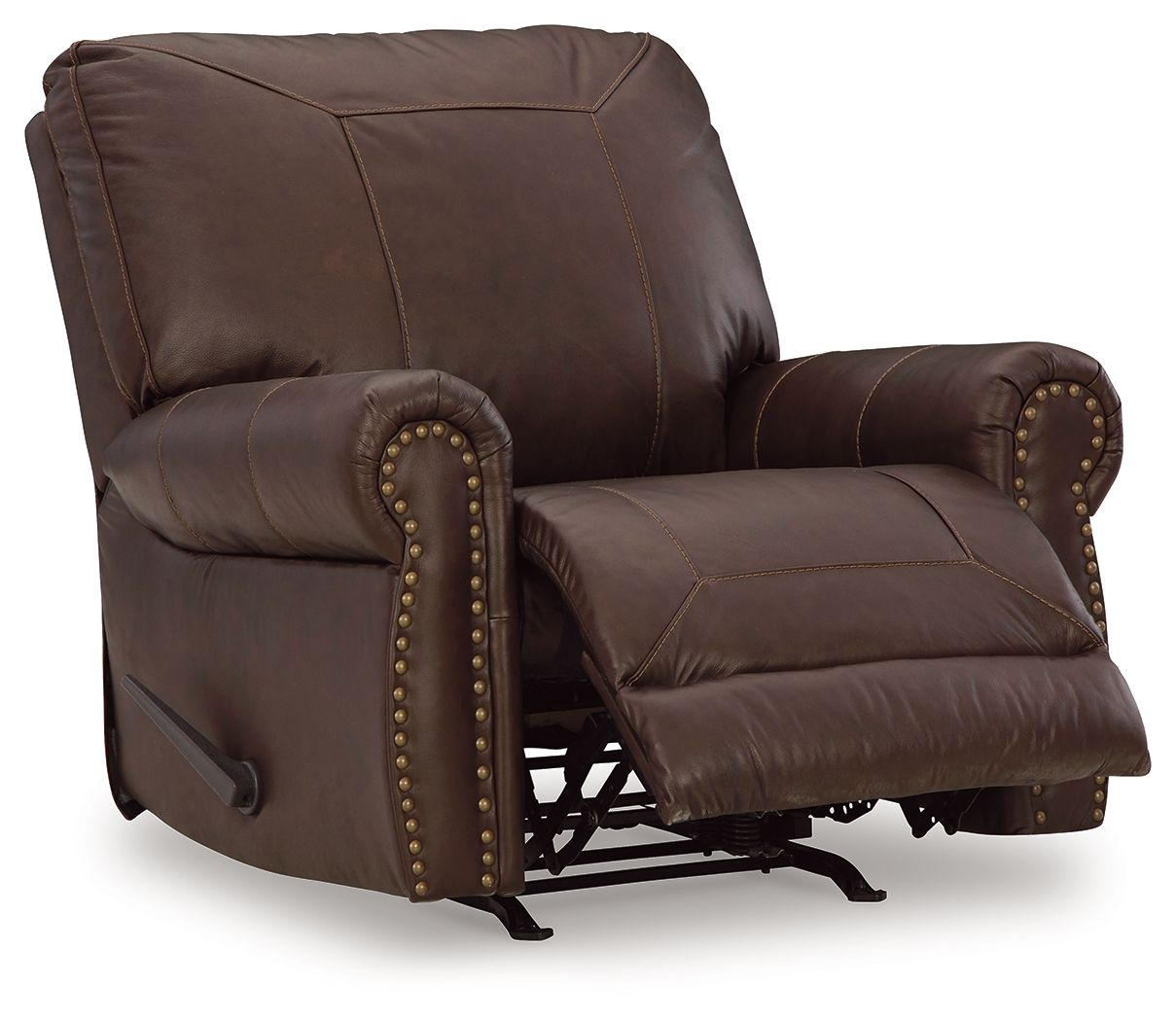 Dark brown leather-look rocker recliner with studded arms and extended footrest