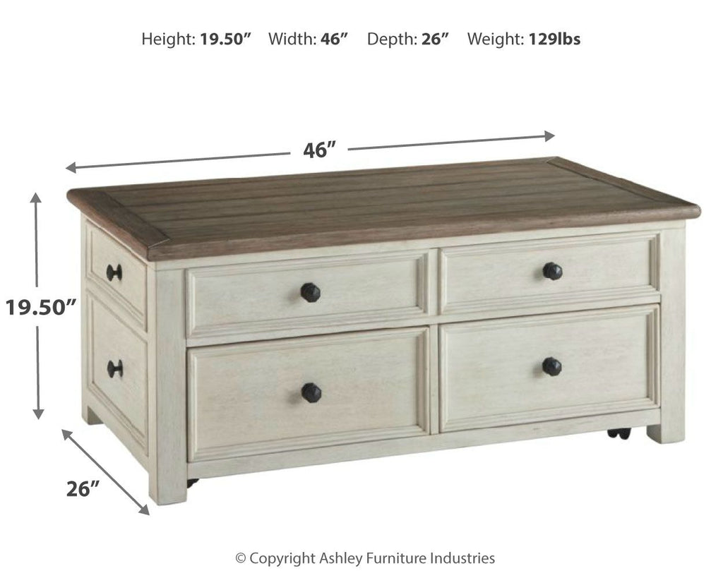 Lift-top cocktail table, white base with brown top; 46 in wide, 19.5 in high