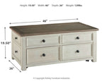 Lift-top cocktail table, white base with brown top; 46 in wide, 19.5 in high