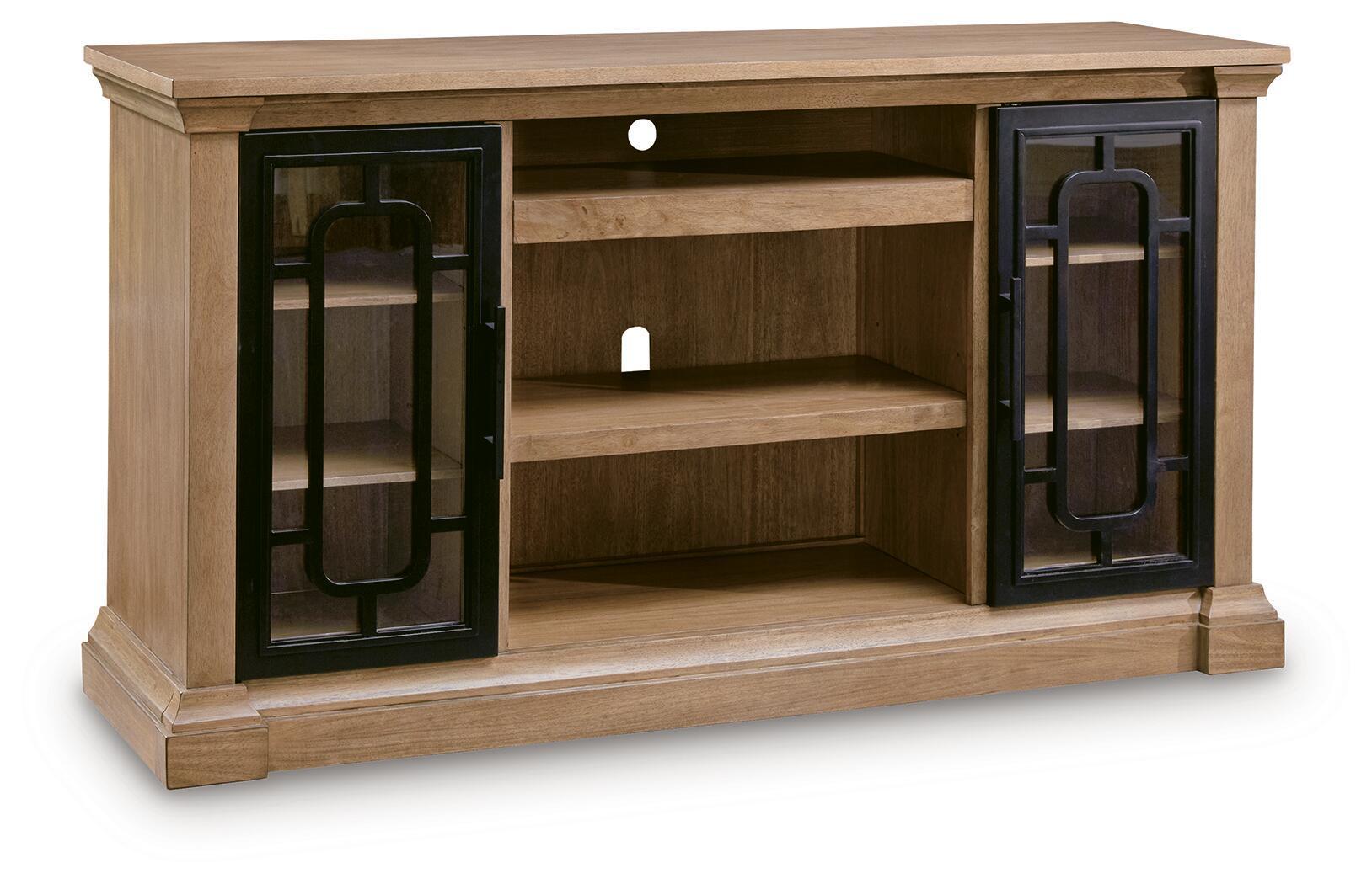 Light brown TV stand with two glass-front doors and open shelves; center media area.