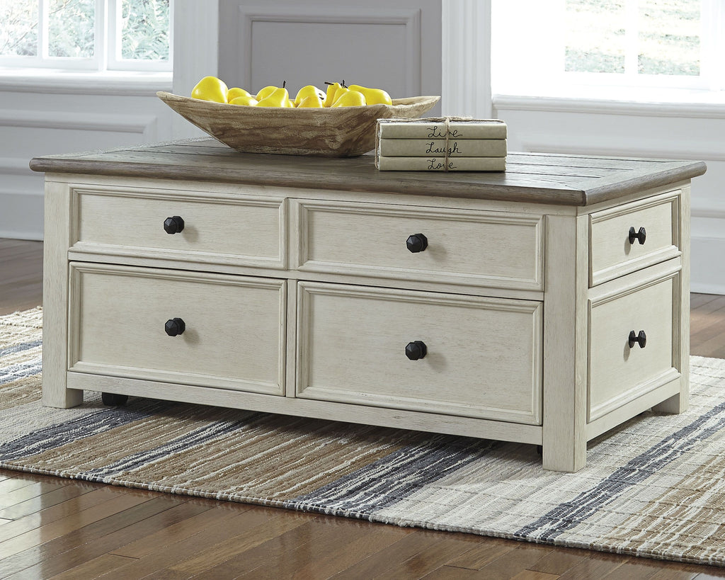 White lift-top cocktail table with brown tabletop and multiple drawer fronts