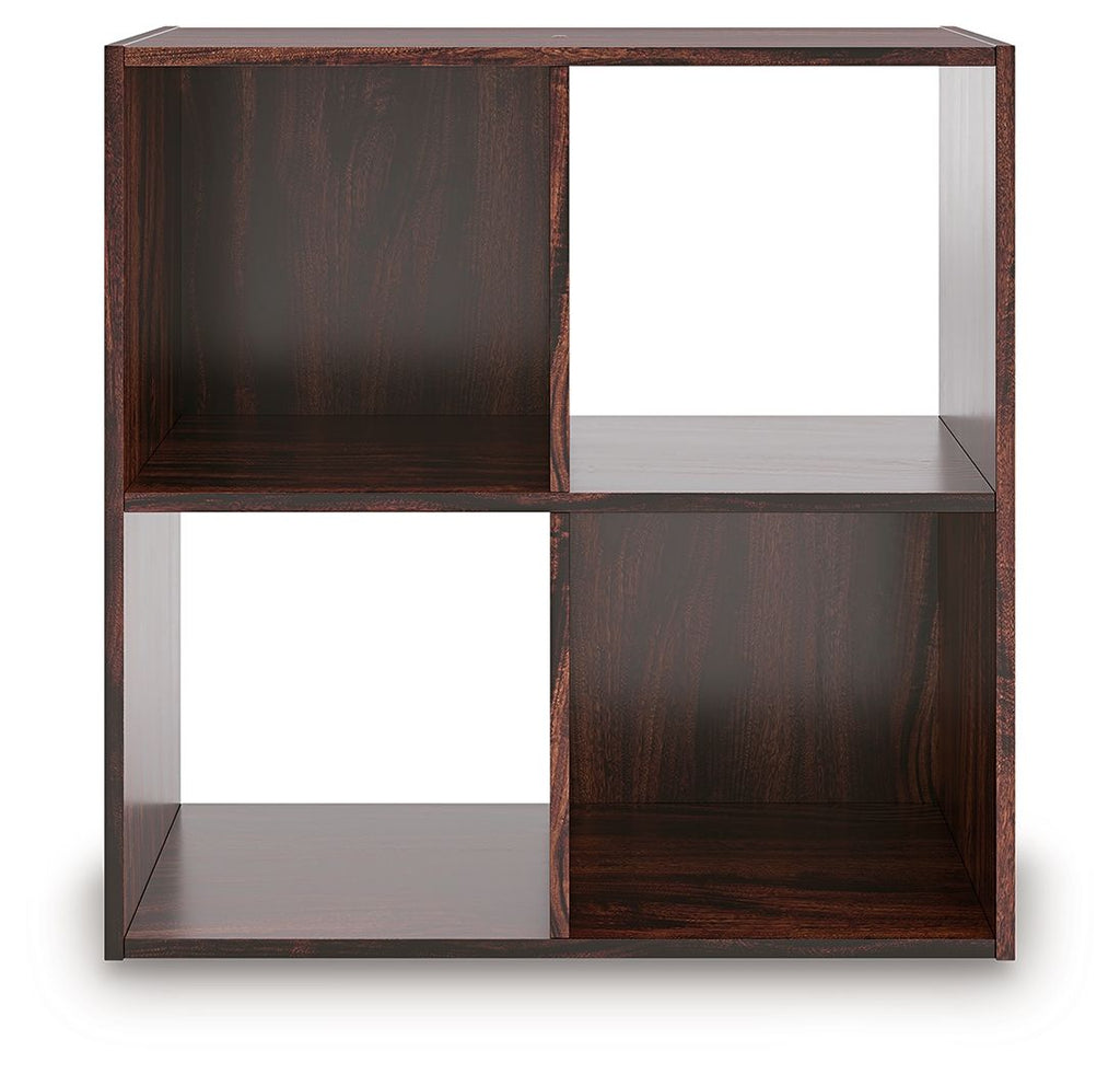 Dark brown cube organizer with open compartments, front view showing alternating cubbies.