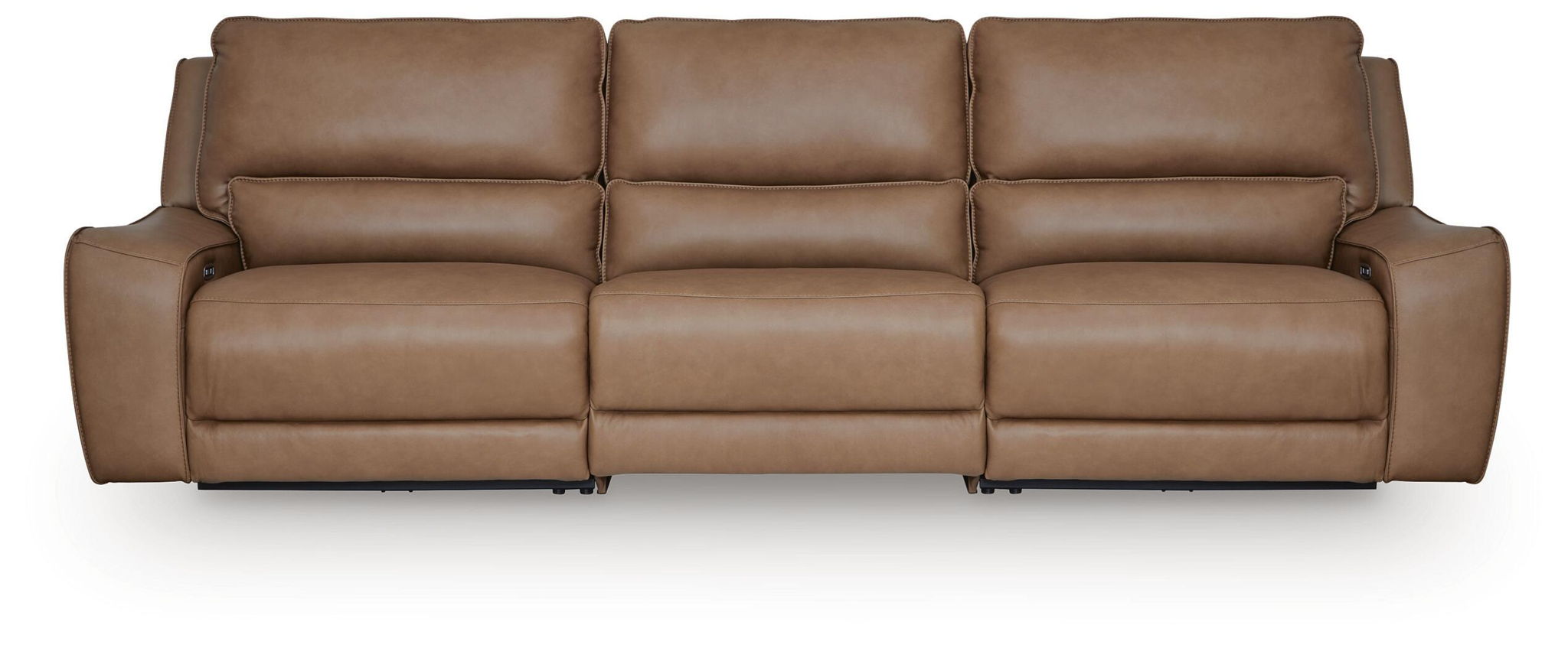 Power reclining sectional sofa in tan leather, wide three-seat front view
