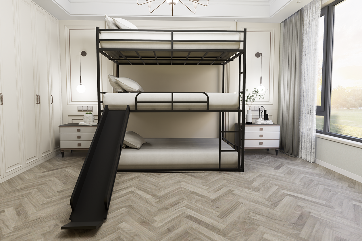 Black Metal Full Size Loft Bed with Slide & Ladder - Space Saver