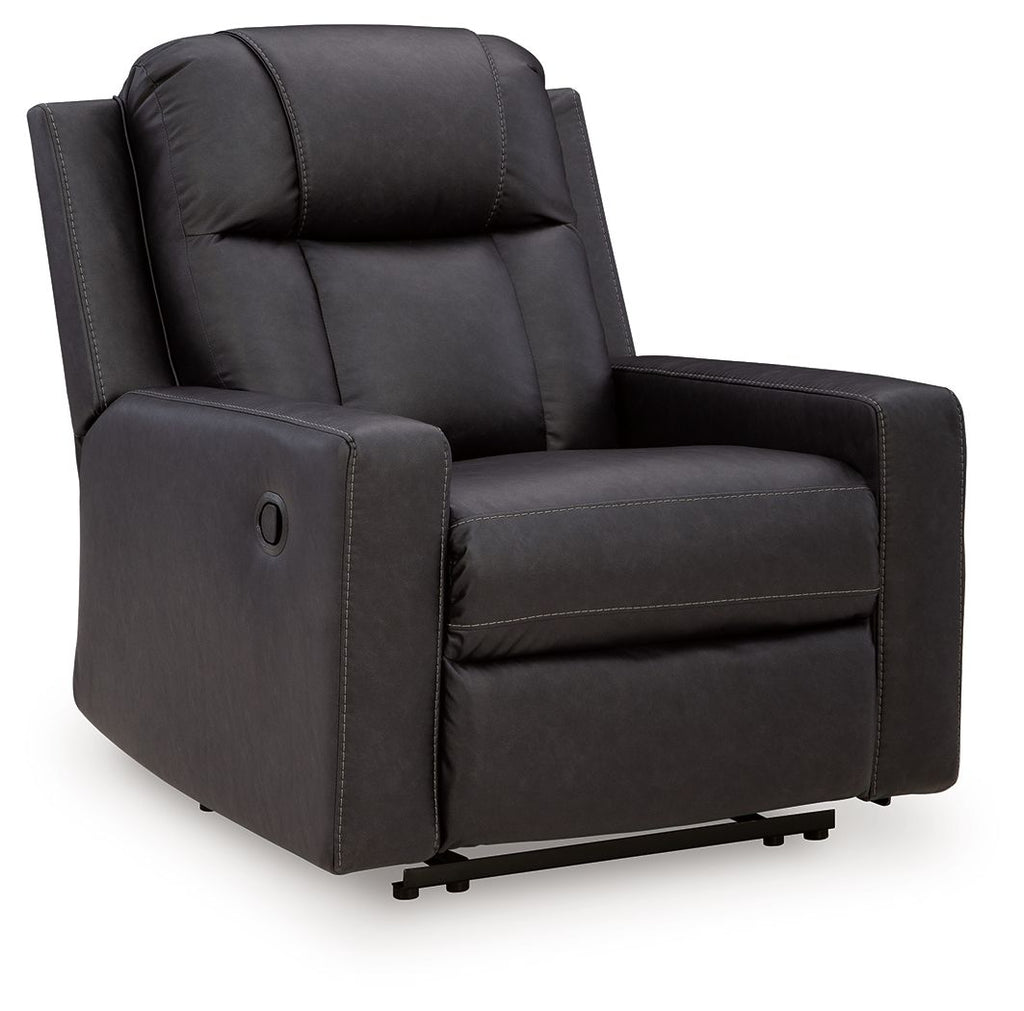 Dark charcoal zero-wall recliner with padded arms, rounded back, and oval arm detail
