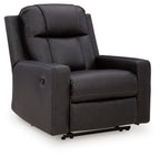 Dark charcoal zero-wall recliner with padded arms, rounded back, and oval arm detail