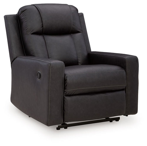 Dark charcoal zero-wall recliner with padded arms, rounded back, and oval arm detail