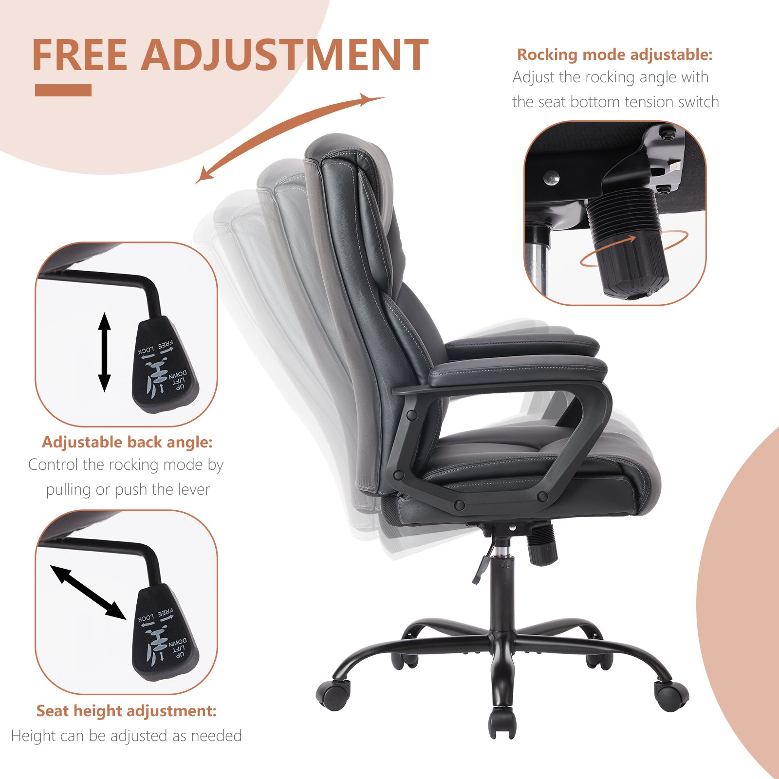 Ergonomic PU Leather Desk Chair with Armrests