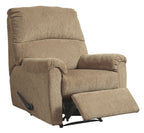 Tan fabric recliner chair with curved arms and extended footrest