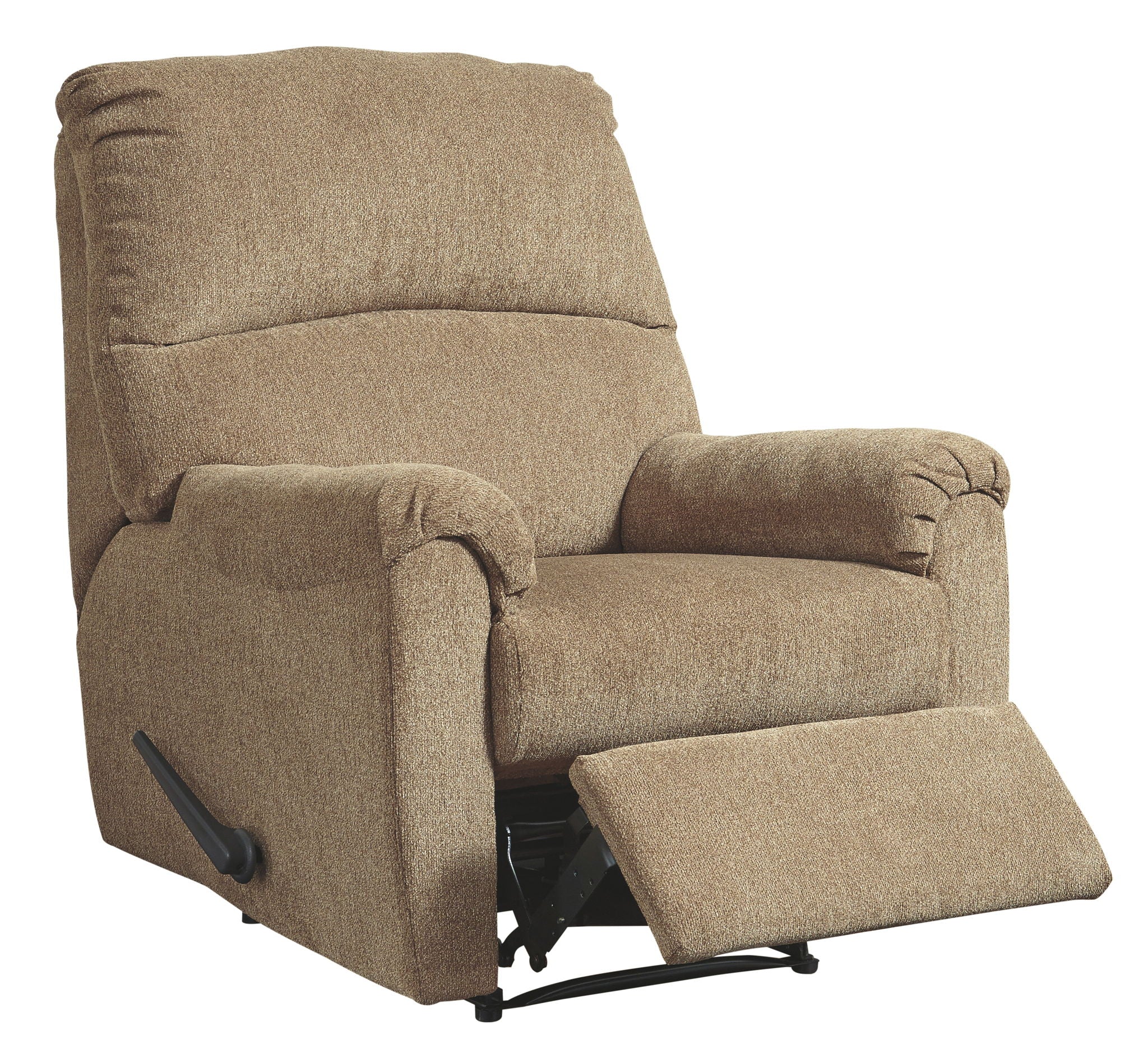 Tan fabric recliner chair with curved arms and extended footrest