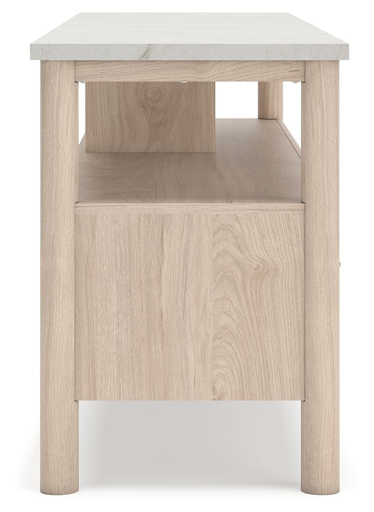 Light wood TV stand with open center shelf and lower cabinet door panel