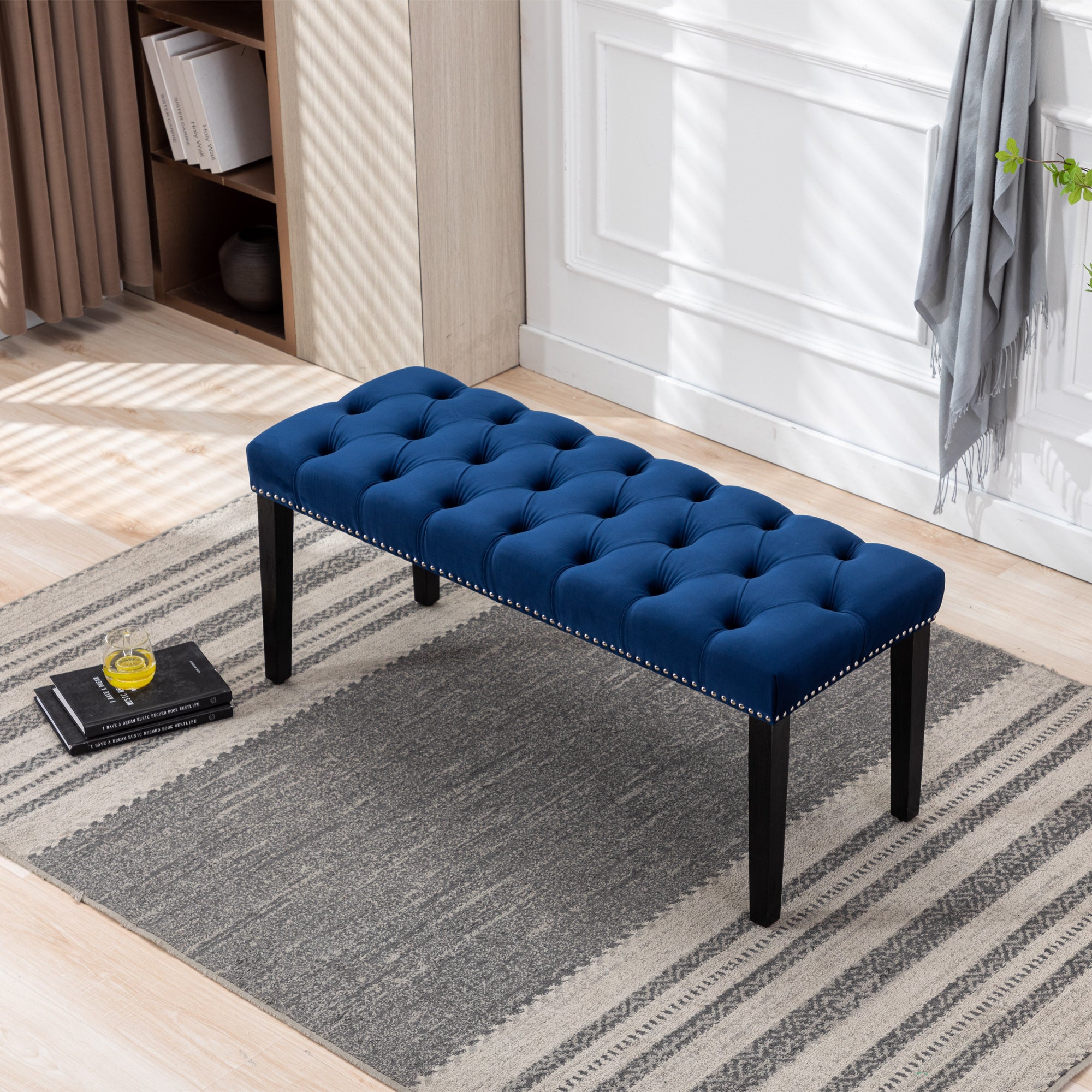 Heng Ming Blue Velvet Tufted Bench Ottoman - Entryway & Dining