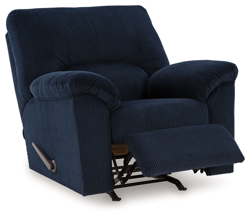 Navy striped rocker recliner chair with extended footrest and pull handle