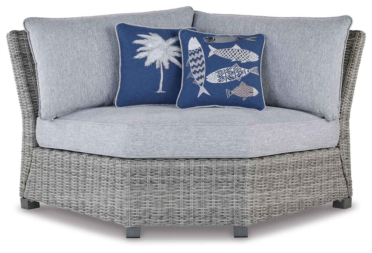 Light gray outdoor corner chair with blue fish and palm accent pillows